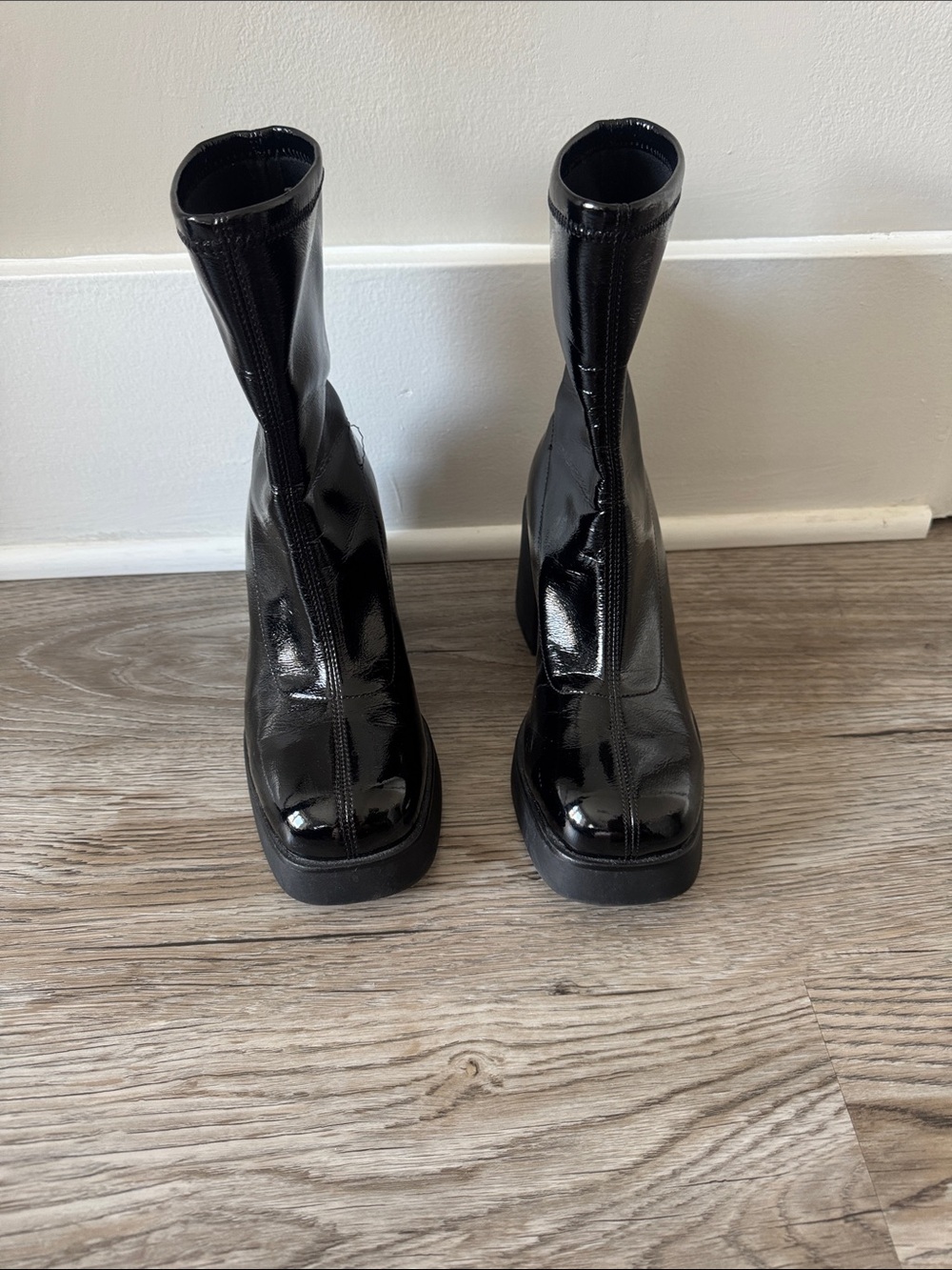 Call It Spring Black Patent Stretch-Knit Ankle Boots